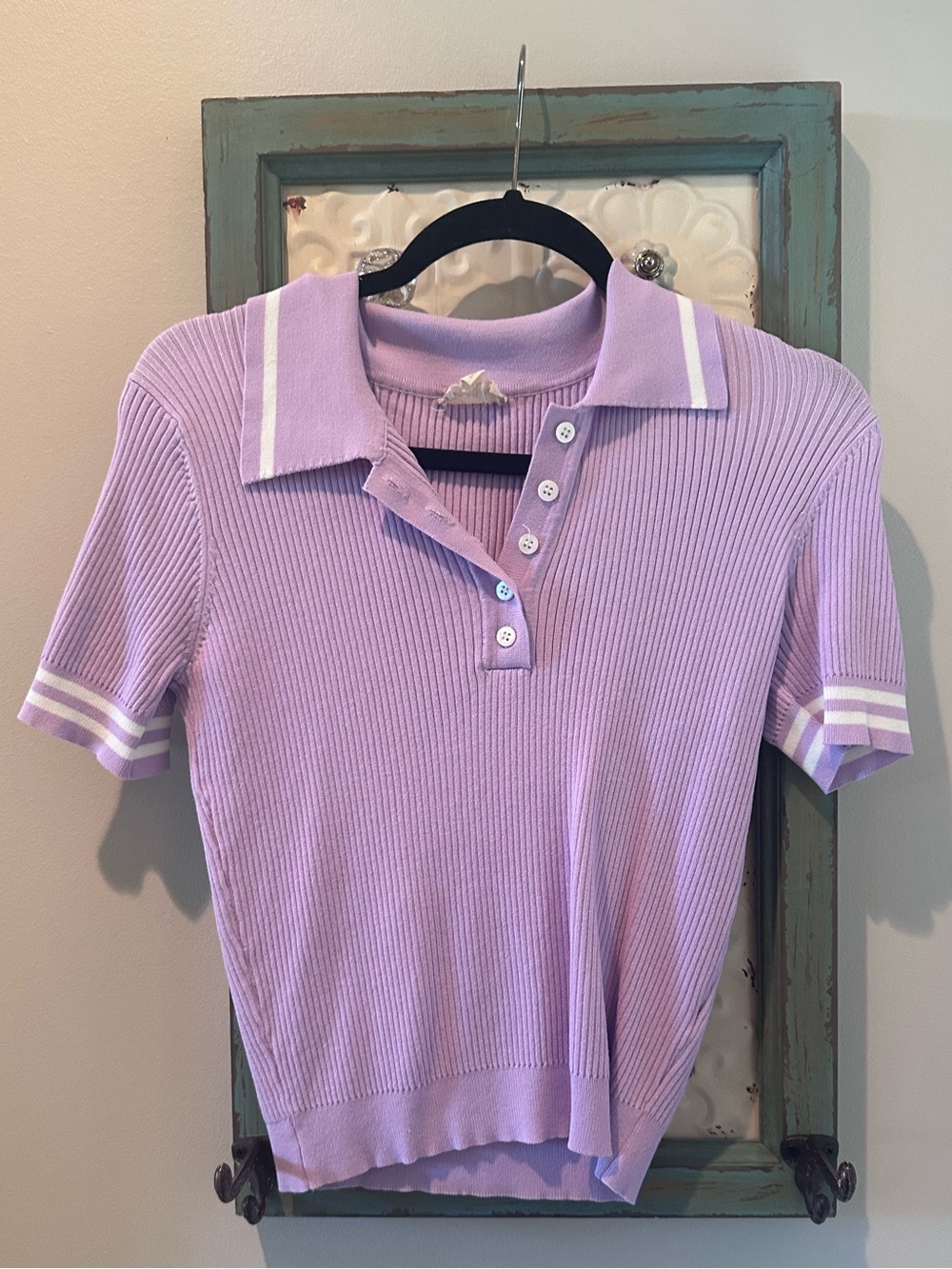 Hem & Thread Lavender Ribbed Knit Polo Sweater Top Size Large Preppy